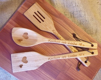 Set of 3 wooden spoons & pan turners made of bamboo in a set - individual wooden spoons made of bamboo - unique pieces - gift customizable