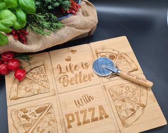 Personalized bamboo pizza board with grooves, pizza plate set including pizza cutter, gift for men and women, luxury housewarming gift