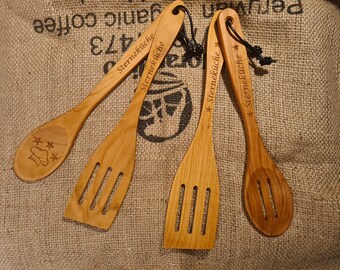 Set of 2 wooden spoons & pan turners made of cherry wood in a set - individual cooking spoons made of cherry wood - unique pieces - gift customizable