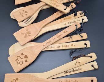 Set of 3 wooden spoons & pan turners made of bamboo in a set - individual wooden spoons made of bamboo - unique pieces - gift customizable