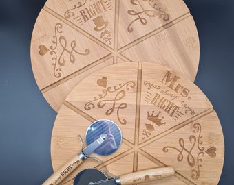 Mr & Mrs Personalized Bamboo Pizza Plate, Wedding Gift Individually or as a Set, Round Pizza Board with Grooves & Pizza Cutter, Gift for Couples