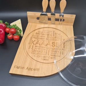 Cheese bell with bamboo board and cutlery - Serving board - Sideboard - Chees board - Unique - Kitchen - Gift - Storage