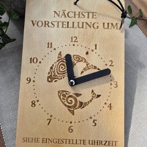 Clock sign "Next Performance" (wooden), adjustable sign for open-air museum, theater, cinema, information door, animal training (whale/orca), handmade gift
