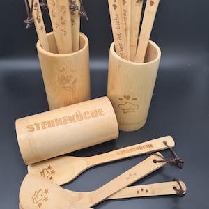 Set of 4 cooking spoons & spatula made of bamboo incl. bamboo containers - individual wooden spoons made of bamboo - unique pieces - gift-customizable