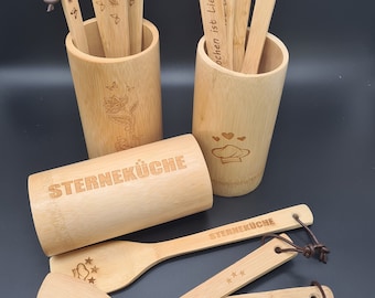 Set of 4 cooking spoons & spatula made of bamboo incl. bamboo containers - individual wooden spoons made of bamboo - unique pieces - gift-customizable