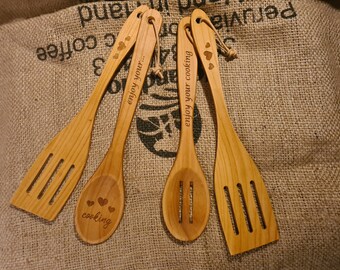 Set of 2 wooden spoons & pan turners made of cherry wood in a set - individual cooking spoons made of cherry wood - unique pieces - gift customizable