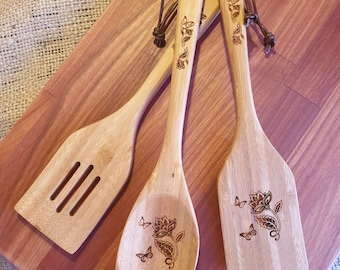 Set of 3 wooden spoons & pan turners made of bamboo in a set - individual wooden spoons made of bamboo - unique pieces - gift customizable