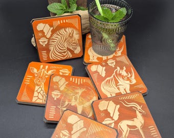African wooden glass coasters, gift, Christmas, handmade, coaster, gift, bar, bartender, drinking, cocktails