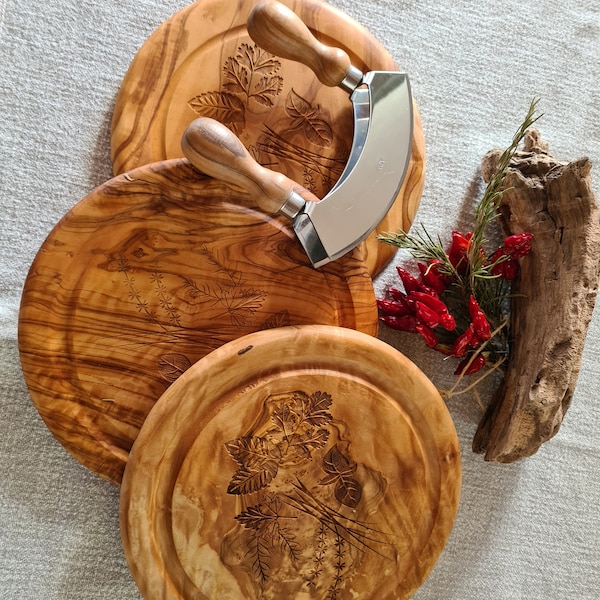 Herb cutting board made of olive wood with weighing knives, herb board, weighing board, herbs, kitchen, gift idea, kitchen accessories, Father's Day, Mother's Day
