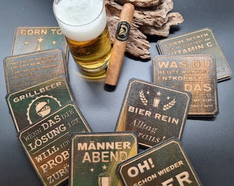 Wooden beer coasters with sayings, gift for male beer lovers, round beer mats, glass coasters set for home bar, Christmas gift