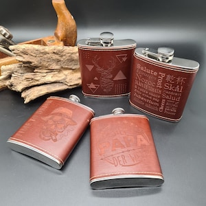 Hip flask made of stainless steel and faux leather, stainless steel bottle, customizable