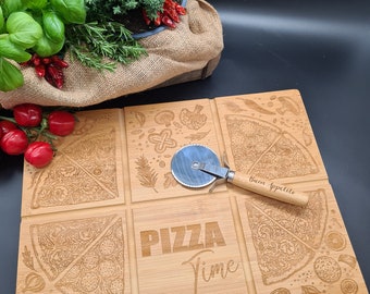 Personalized bamboo pizza board with grooves, pizza plate set including pizza cutter, gift for men and women, luxury housewarming gift