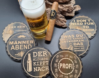 Wooden beer coasters with sayings, gift for male beer lovers, round beer mats, glass coasters set for home bar, Christmas gift