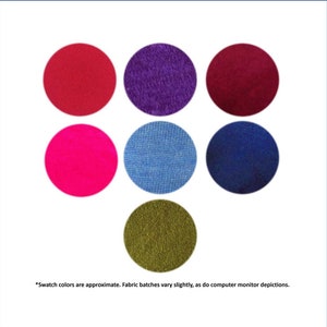 May include: Swatch card showing ten different fabric colors: red, purple, burgundy, pink, light blue, dark blue, olive green, teal, navy blue, and black.