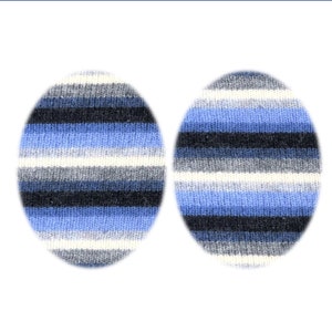 May include: Two round, blue, gray, and white striped fabric circles.