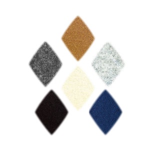 May include: Six fabric swatches in a diamond pattern. The swatches are brown, gray, white, black, blue, and light gray.
