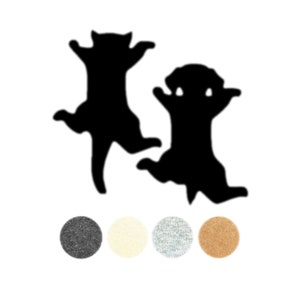 May include: Silhouette of a cat and a dog dancing against a white background. The cat is black and the dog is black. There are four color swatches below the image: dark gray, cream, light gray, and tan.