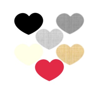 May include: Five heart shapes in different colors and textures. The hearts are black, gray, white, beige, and red.