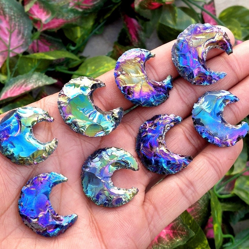 Angel Aura Quartz Obsidian Moon Crystal Healing Crescent Moon Aura Obsidian Moon Aura Titanium Coated Crystal Moon for Wirewrap Jewelry
