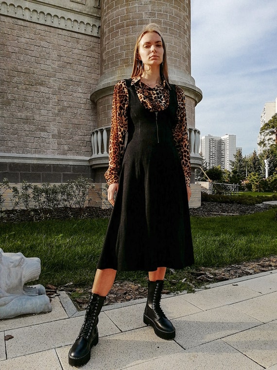 Wool black apron dress Vintage dress 80s