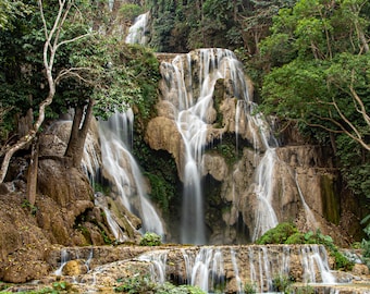 Impresión de las cataratas Kuang Si, arte mural de cascadas de Laos