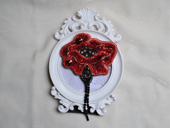 NataSilkFlowers Poppy Flower Brooch in Pearls and Rhinestones