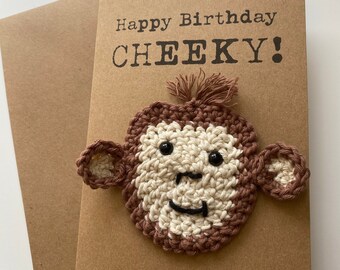 Birthday Card - Crochet Card - Kraft - Monkey - Happy Birthday Cheeky Monkey! - Boys Girls Children Kids Birthday - Personalised - Novelty