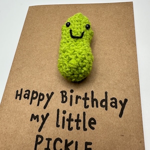 May include: A brown card with the text "Happy Birthday my little PICKLE" written in black marker. A green crocheted pickle with a smiling face is attached to the top of the card.