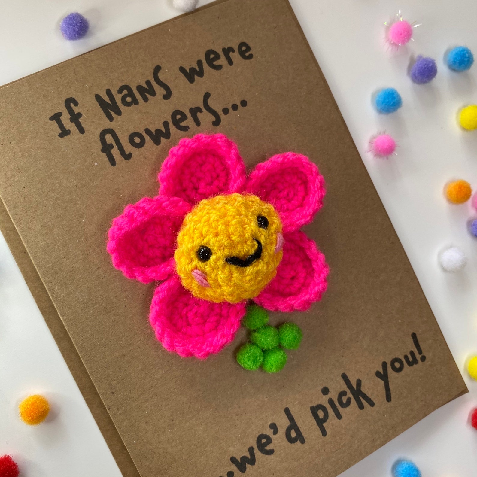Nan Birthday Card Crochet Card Kraft Flower Pink Etsy UK