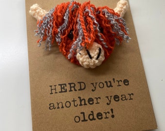 Funny Highland Cow Crochet Birthday Card – Herd You're Another Year