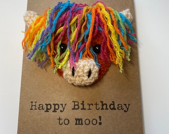 Birthday Card - Crochet Card - Kraft - Highland Cow - Rainbow - Happy Birthday to moo! - Boys Girls Childrens Friend His Hers - Personalised