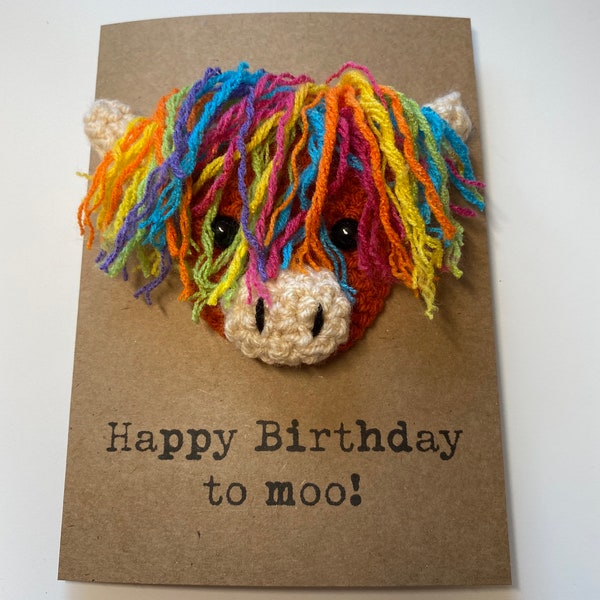 Tarjeta de cumpleaños - Tarjeta de ganchillo - Kraft - Vaca de las Tierras Altas - Arcoíris - ¡Feliz cumpleaños a moo! - Para niños, niñas, amigos, para él y para ella - Personalizada