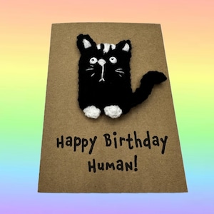 Tarjeta de cumpleaños - Crochet - Kraft - Gato blanco y negro - Feliz cumpleaños humano - Amante de los gatos Novedad Linda Divertida - Tarjeta del gato