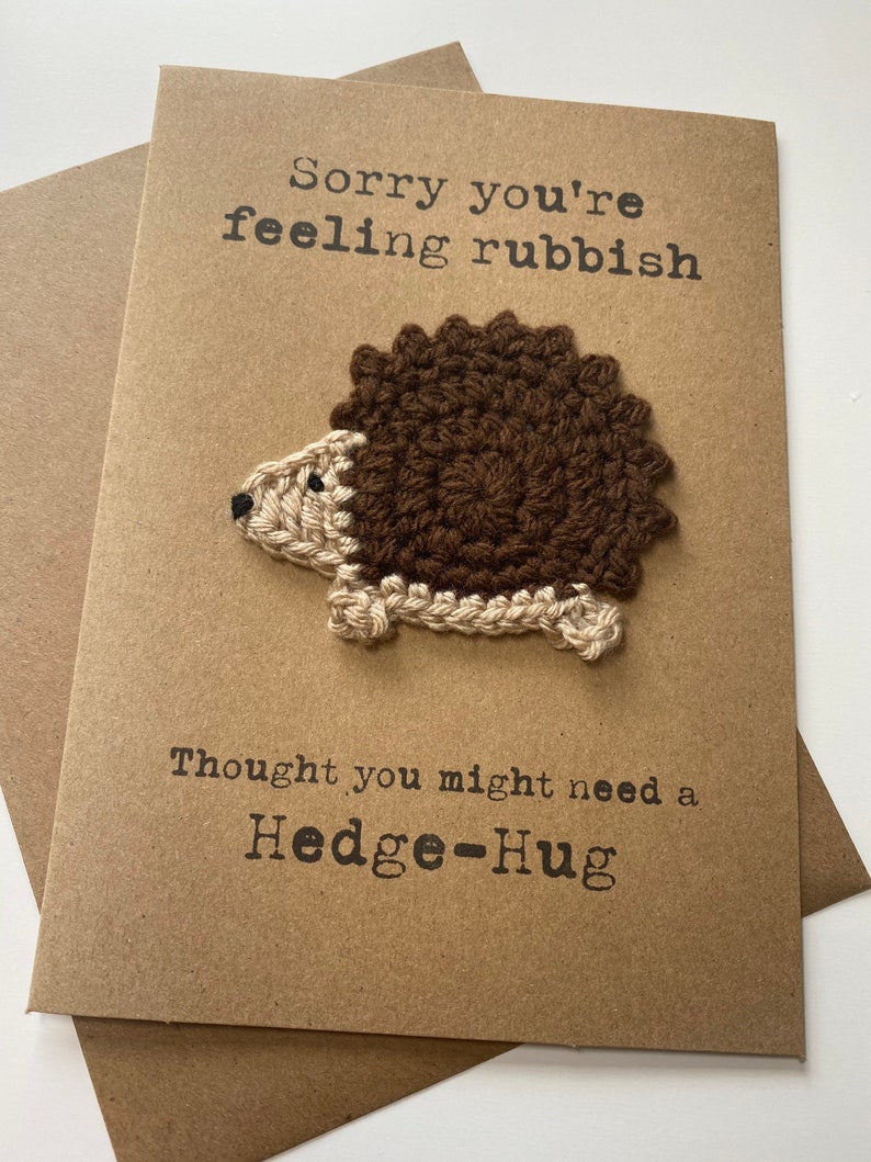 Thinking Of You Card Kraft Card Get Well Card Crochet Card Hedgehog Hedgehug Missing You Lockdown Friends Family image 1