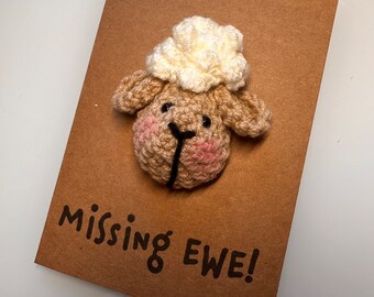 Missing You Card - Crochet Card - Kraft Card - Sheep - Missing EWE! - Animals Novelty Funny Card - Personalised - Long Distance