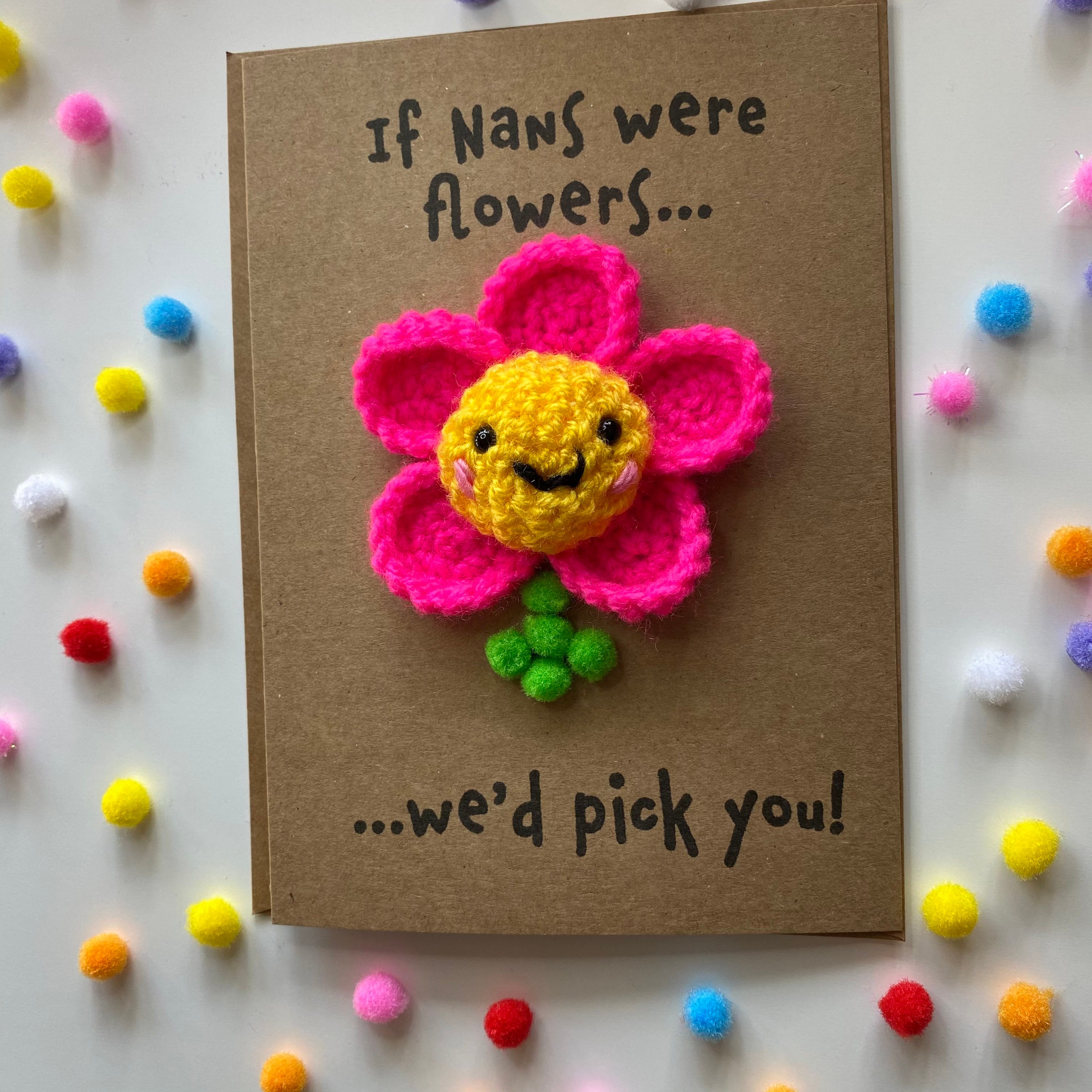 Nan Birthday Card Crochet Card Kraft Flower Pink Etsy