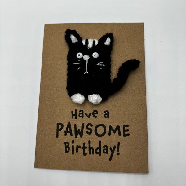 Birthday Card - Crochet - Kraft - Black And White Cat - Have A Pawsome Birthday! - Happy Birthday - Cat Lover Novelty Cute Funny