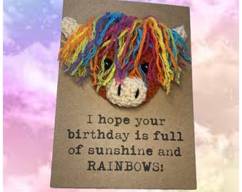 Birthday Card - Crochet Card - Kraft Card -  Highland Cow - Rainbow - Hope your birthday is full of sunshine and RAINBOWS! - Lockdown - LGBT