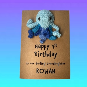 Tarjeta de cumpleaños de pulpo - Tarjeta de crochet - Tarjeta kraft - Personalizada con cualquier mensaje - Morado - Edad: 1º, 2º, 3º, 18º, 21º, 30º, 40º, 50º, 60º