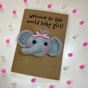 Tarjeta de Bebé - Tarjeta de Crochet - Kraft - Elefante - ¡Bienvenida al mundo, niña! - Niña - Niño - Recién Nacido - Nacimiento - Guardería