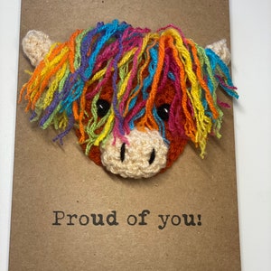 Glückwunschkarte - gehäkelt - Kraft Karte - Highland Kuh - Regenbogen - LGBT - Pride - Coming Out - Stolz auf dich! - Prüfungsergebnisse - Schlüsselarbeiter