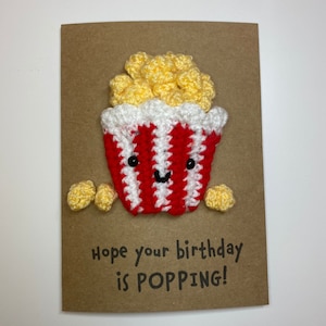 Birthday Card - Crochet Card - Kraft -  Popcorn - Hope your birthday is POPPING! - Cinema Films - His Hers Boys Girls Teen - Personalised