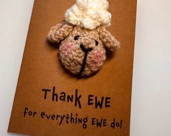 Thank You Card - Crochet Card - Kraft Card - Sheep - Thank EWE For Everything Ewe Do! - Animals Novelty Funny Card - Personalised - Teacher