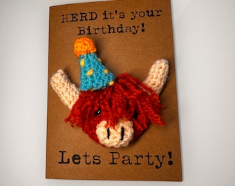 Crochet Highland Cow Birthday Card – Kraft Cardstock