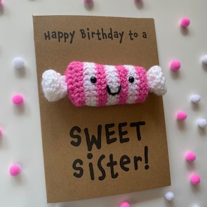 Tarjeta de cumpleaños - Tarjeta de crochet - Kraft - Dulces piruletas de caramelo - Rosa - Feliz cumpleaños a una dulce amiga, hermana, tía, sobrina, hija