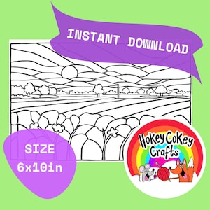 Puede incluir: Una página para colorear en blanco y negro con un paisaje de colinas, un sol, árboles y follaje en primer plano. La imagen incluye el texto INSTANT DOWNLOAD y SIZE 6x10in, junto con un logotipo circular de Hokey Cokey Crafts.