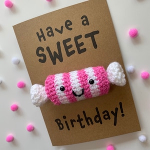 Biglietto di compleanno - Biglietto all'uncinetto - Kraft - Dolci lecca lecca - Rosa - Buon compleanno! - Amici Bambini Ragazze Ragazzi Lui Lei - Dolce amante