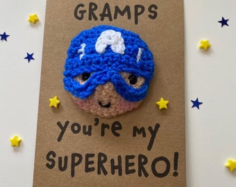 Grandad Birthday card - Crochet Card - Kraft -  - Hero - Youre My Superhero - Dad Daddy Papa Pa Grandad Grandpa - Cartoon