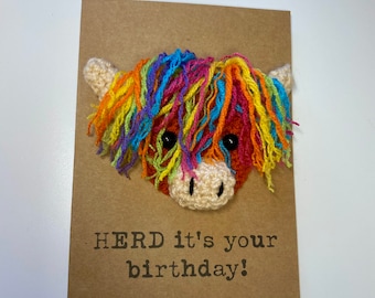 Crochet Highland Cow Birthday Card – Rainbow Fringe, Kraft Card