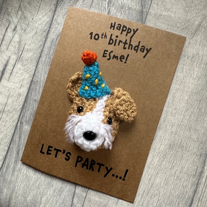 Personalised Crochet Dog Birthday Card - Kraft Card Party Hat - Etsy
